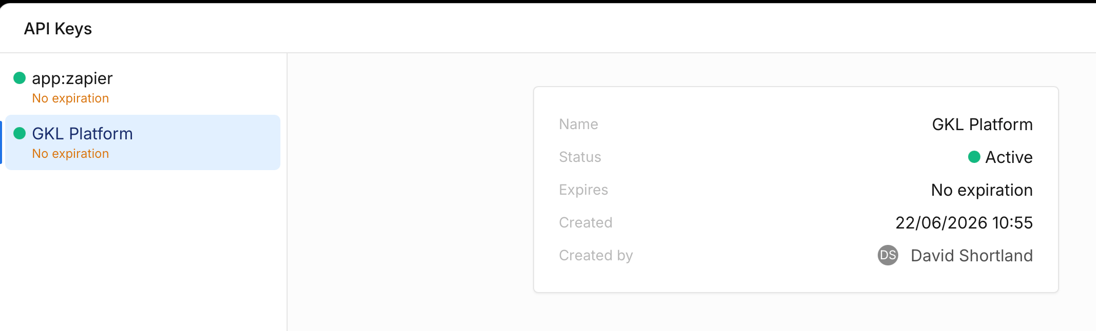 The API Keys list showing GKL Platform active