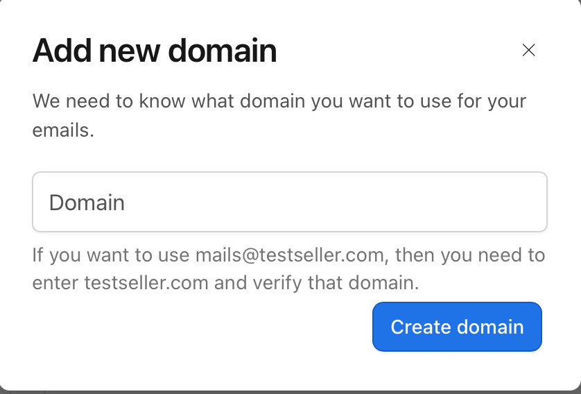The Add new domain dialog in Vivenu