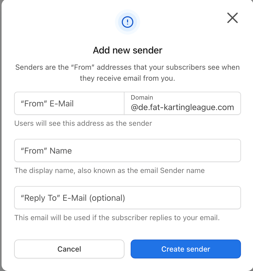 The Add new sender dialog in Vivenu