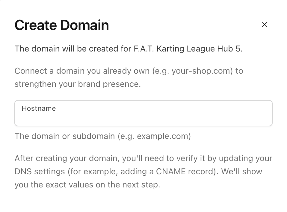 The Create Domain dialog in Vivenu with the Hostname field