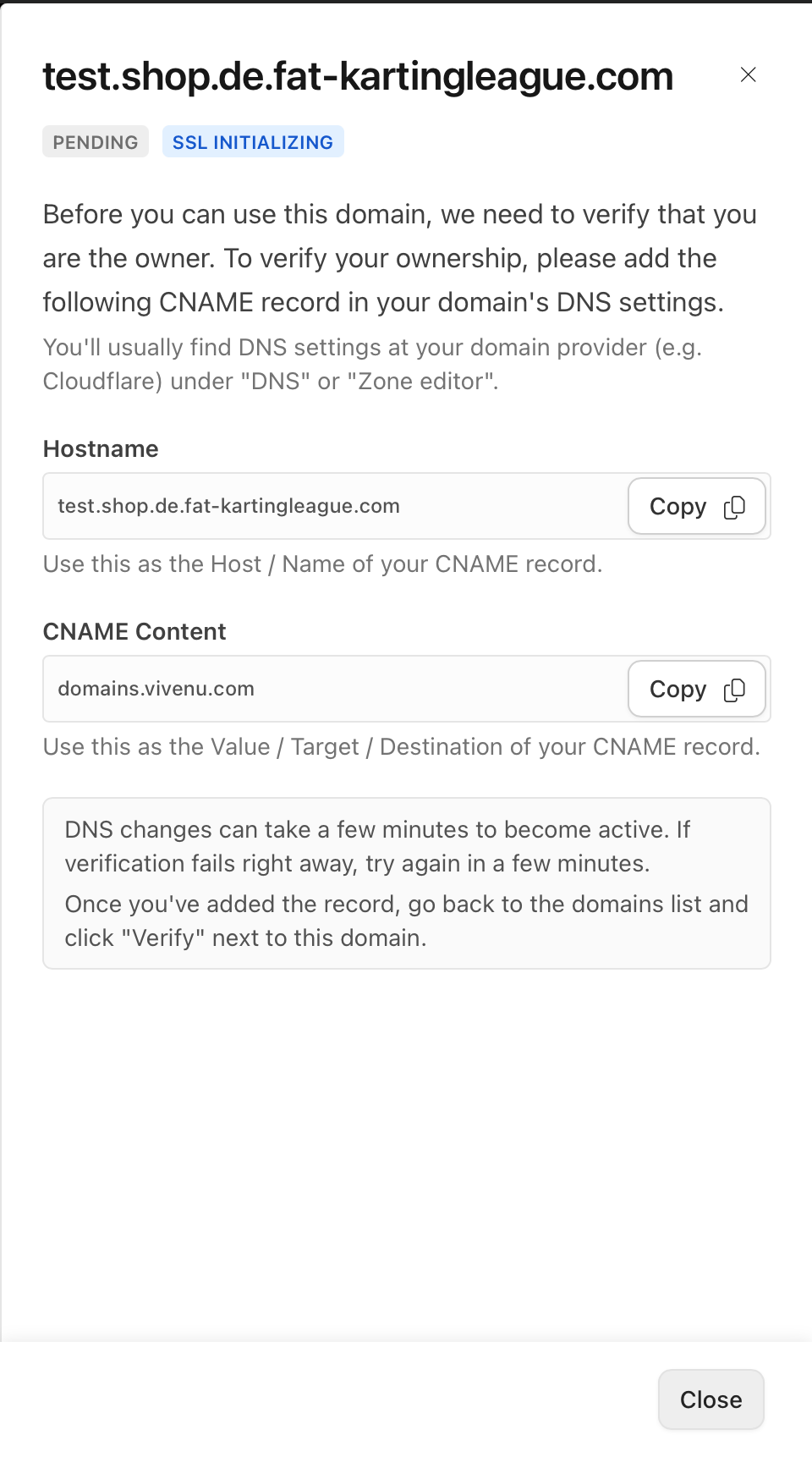 The CNAME record details shown by Vivenu