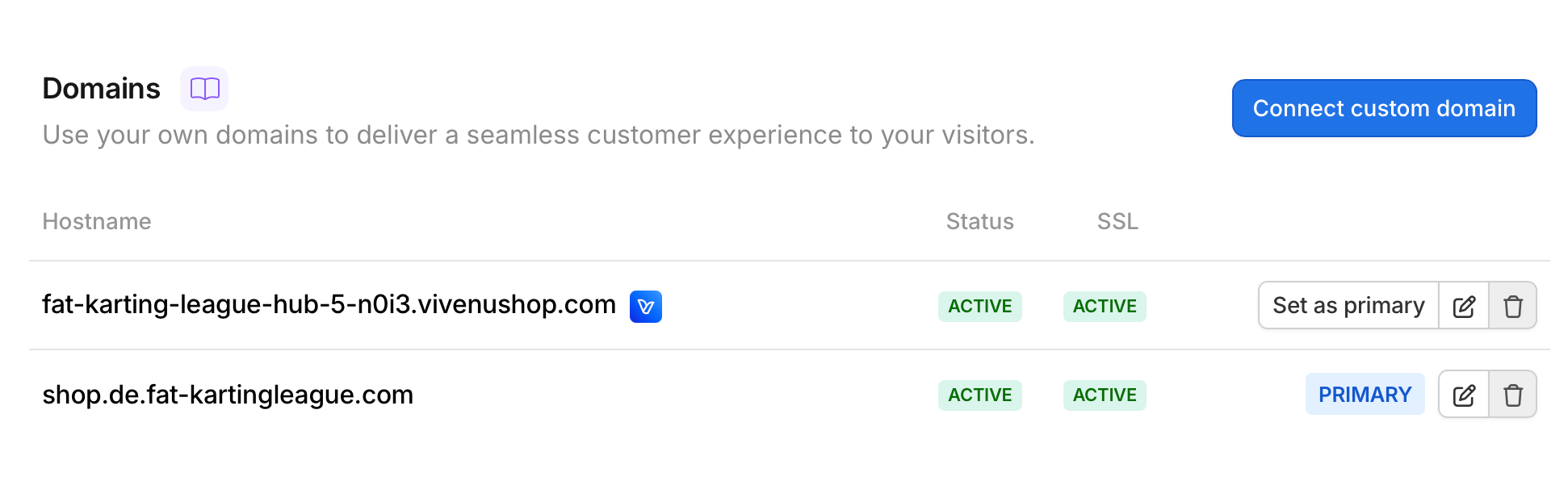 The Domains list with the custom domain set as primary