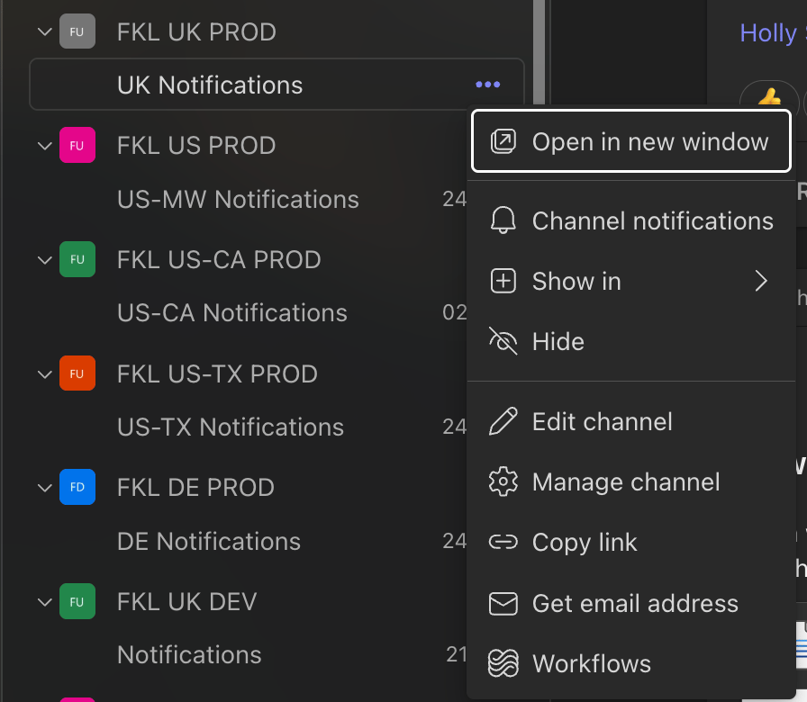 The channel dropdown menu with the Workflows option