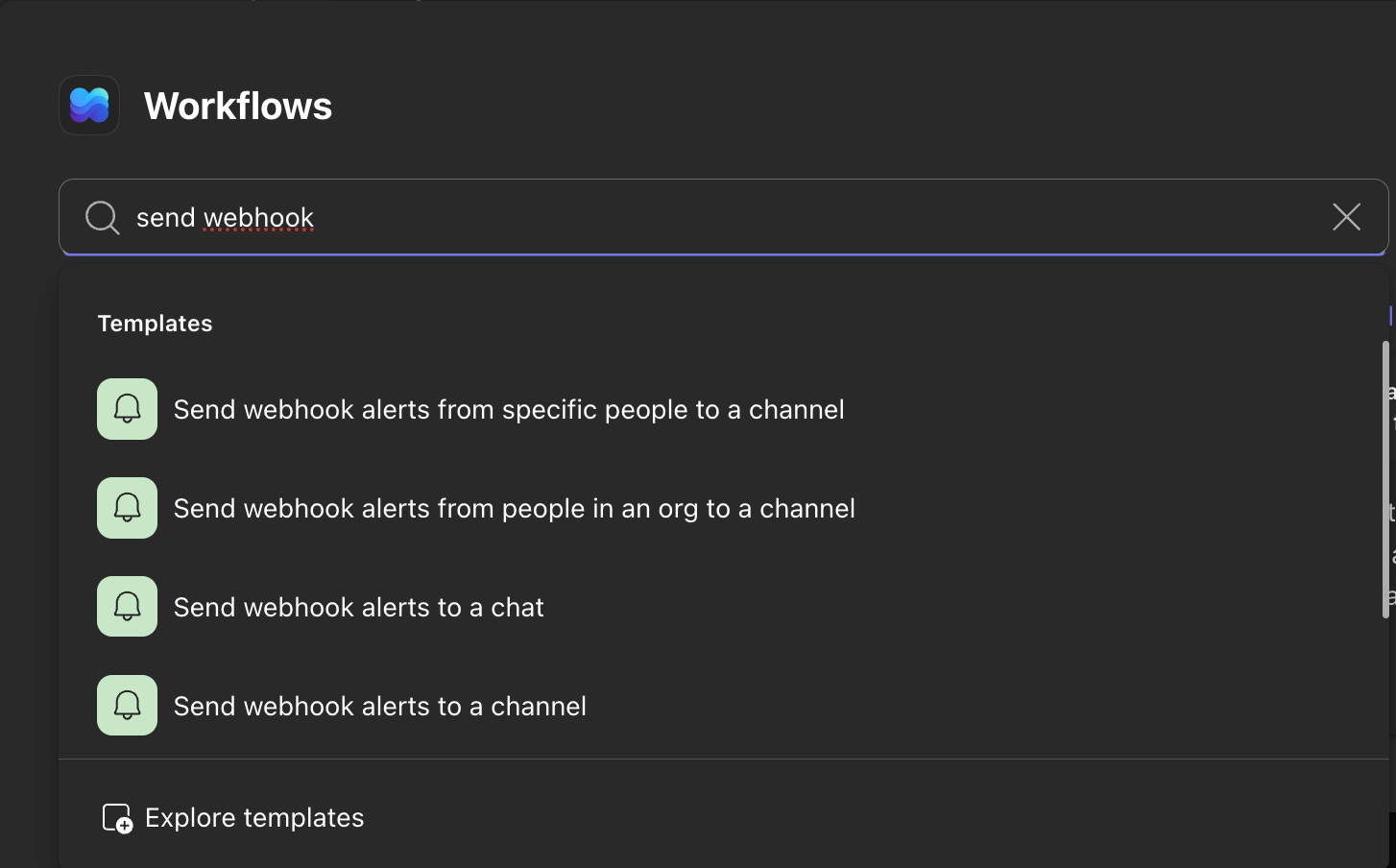 The Workflows search showing the Send webhook alerts to a channel template
