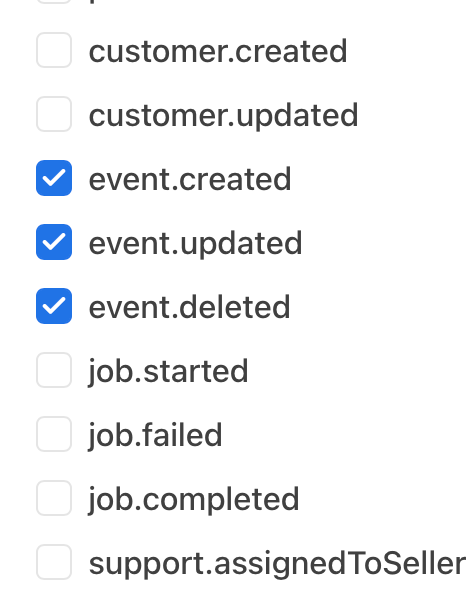The selected events for the Event webhook