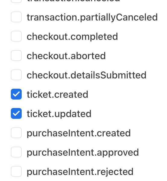 The selected events for the Ticket webhook