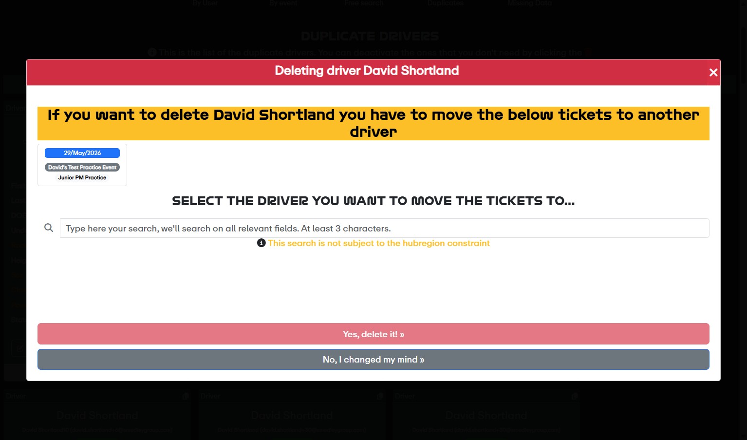 Tickets present for selected driver