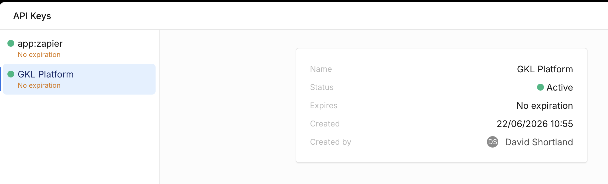 The API Keys list showing GKL Platform active