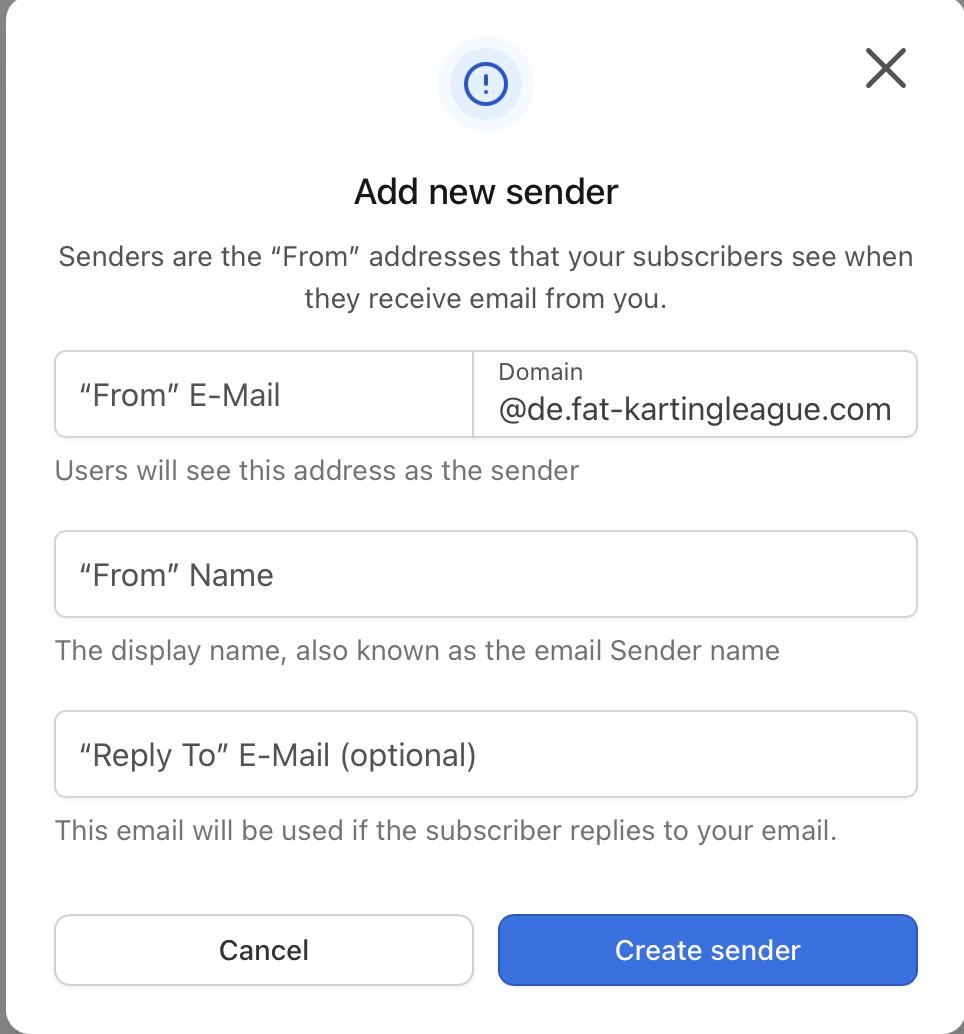 The Add new sender dialog in Vivenu