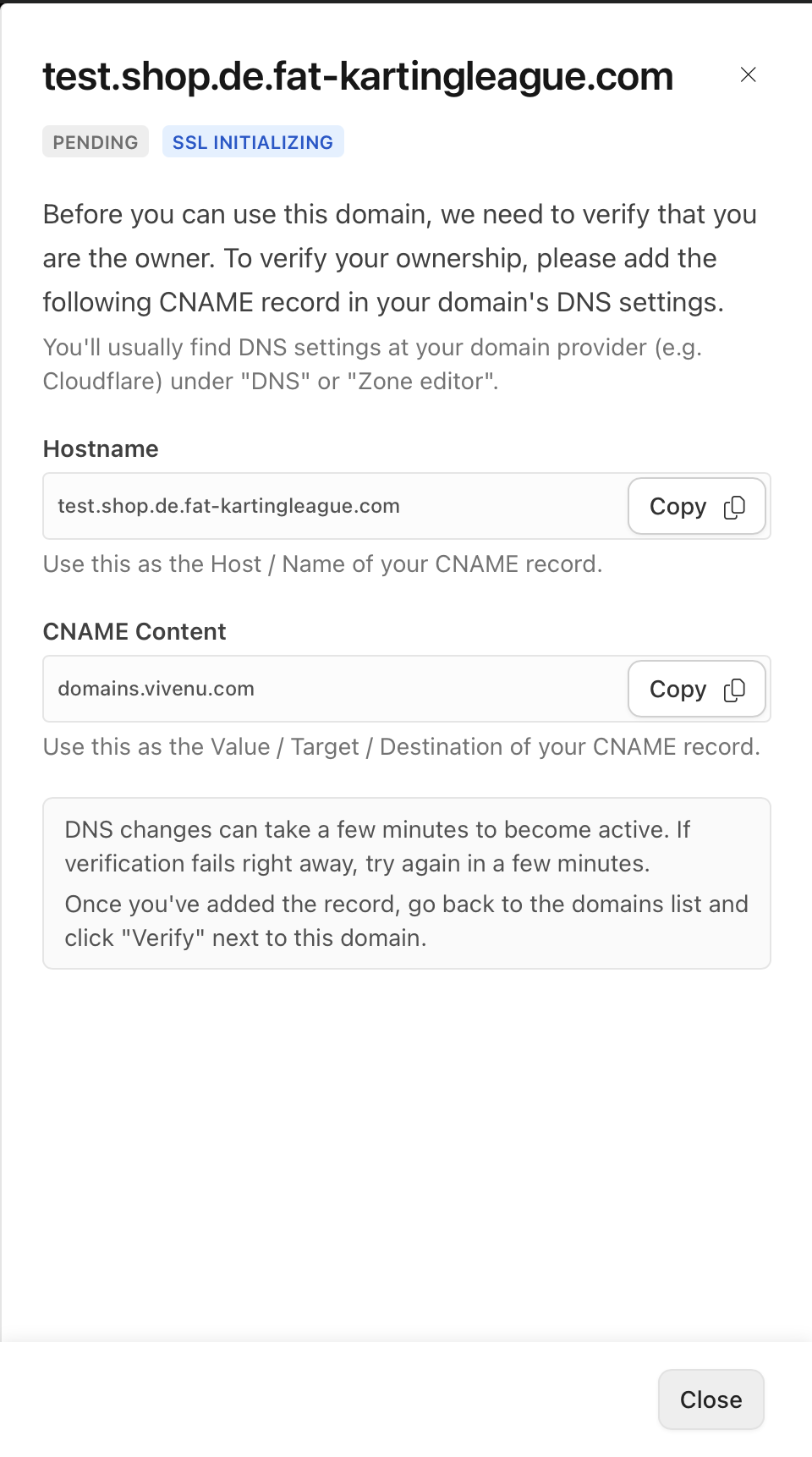 The CNAME record details shown by Vivenu