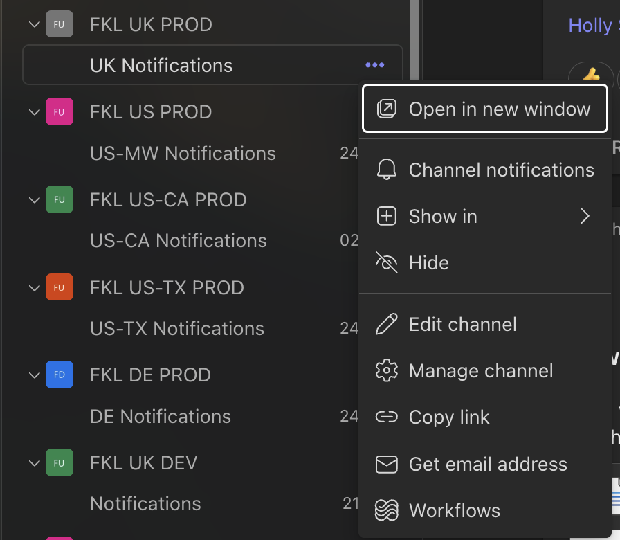 The channel dropdown menu with the Workflows option