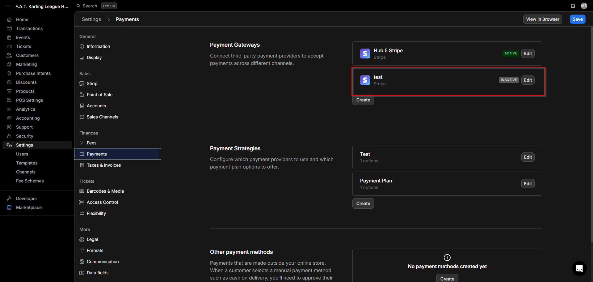 The new payment gateway shown as inactive in the list