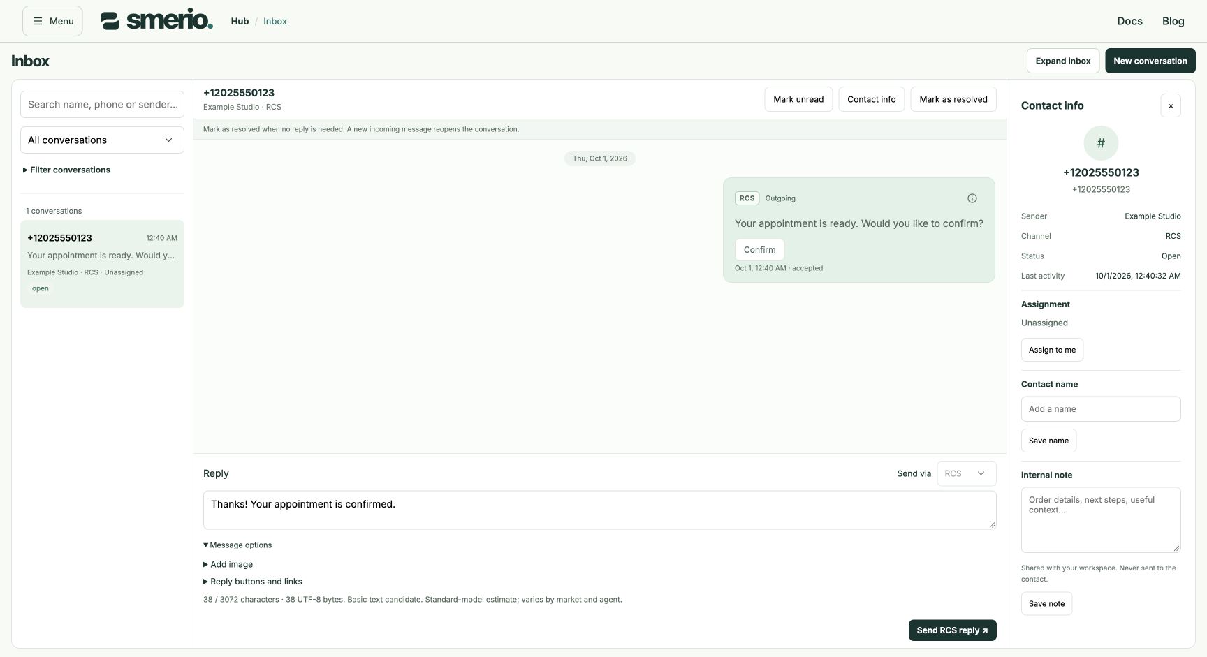 Compact Inbox with queue, message history, reply controls and contact information