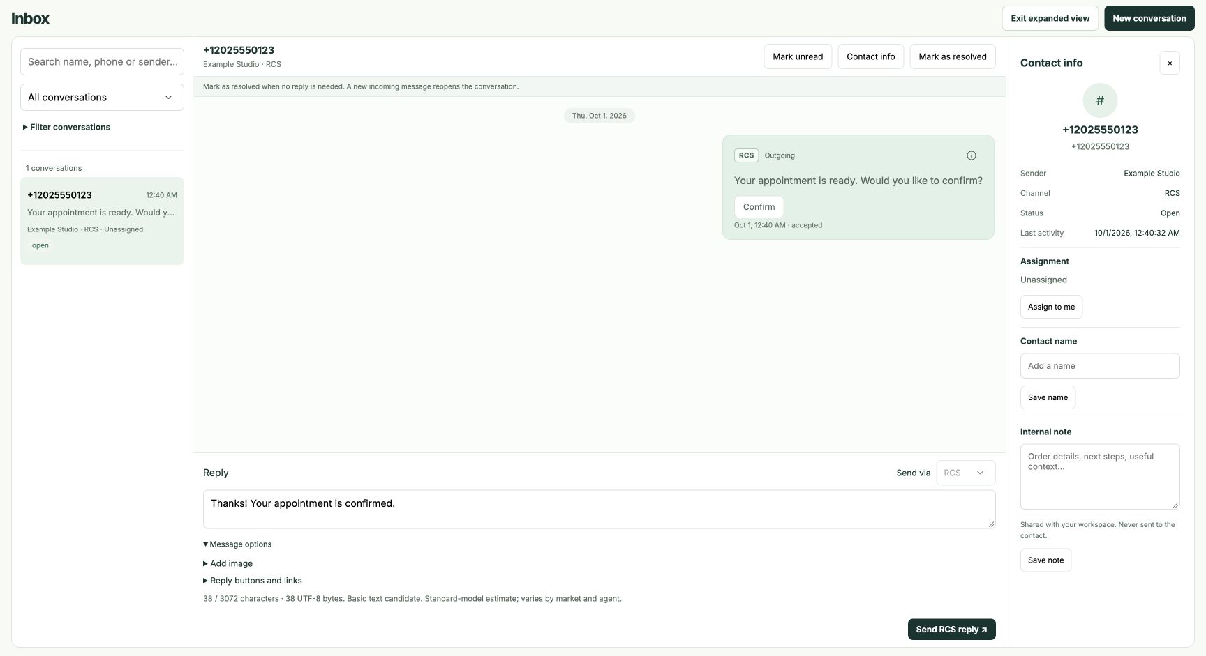 Expanded Inbox with a preserved draft and Exit expanded view control