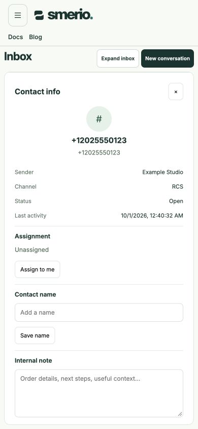 Mobile contact information with assignment, contact name and internal note