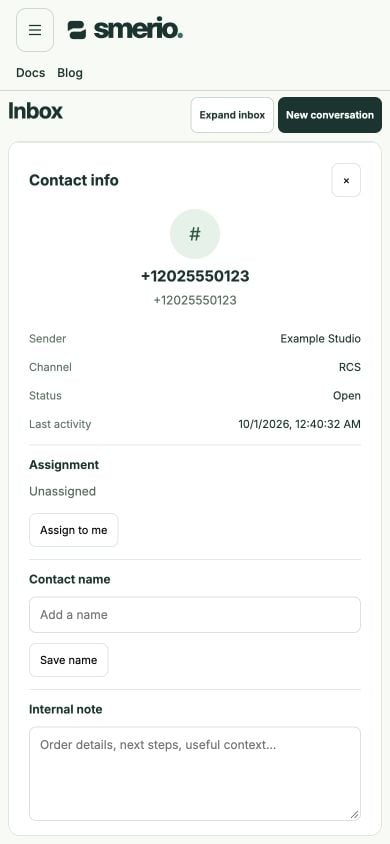 Mobile contact information with assignment, contact name and internal note