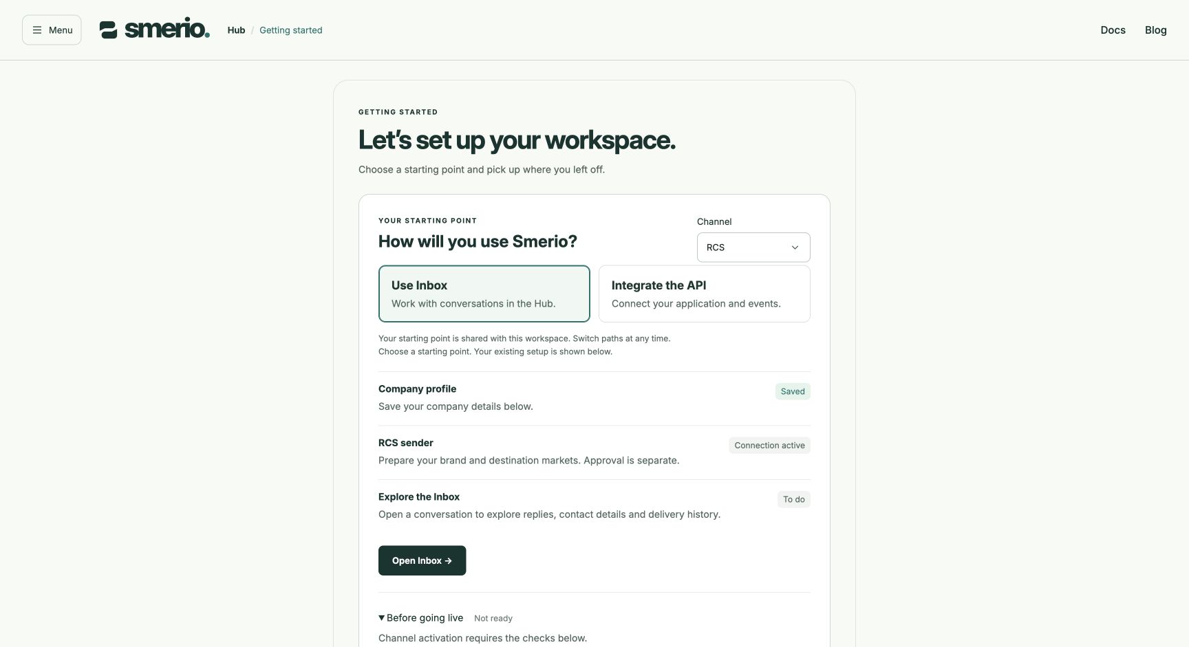 Getting started showing a saved company profile and an active RCS test connection