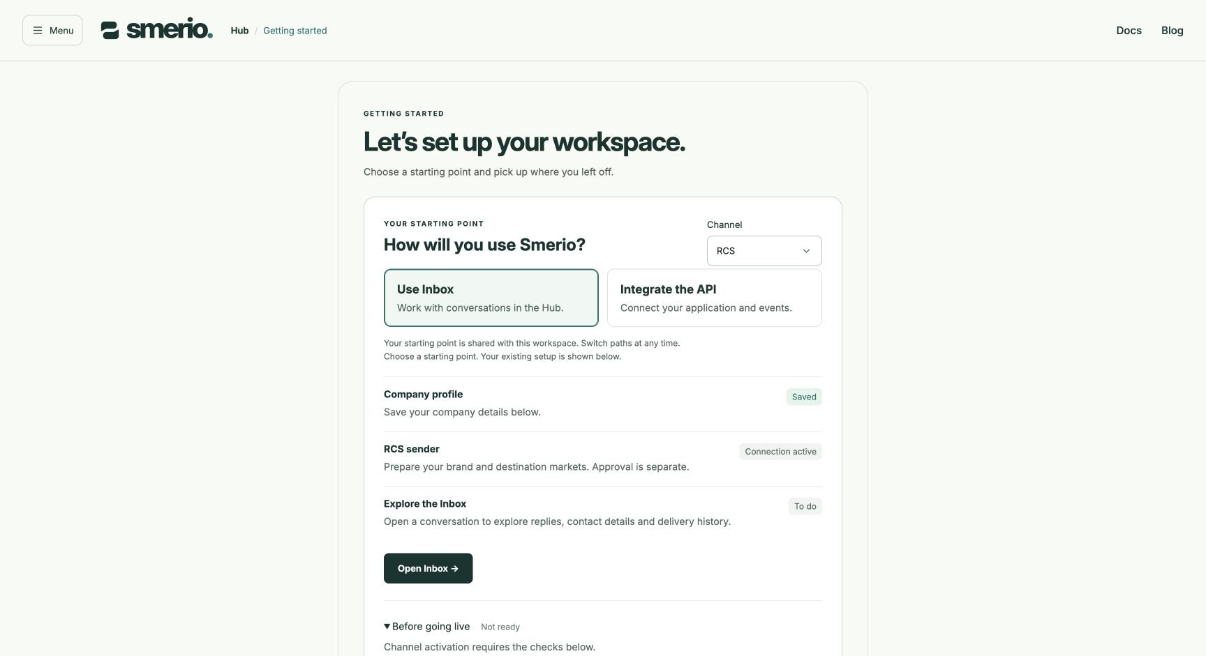 Getting started showing a saved company profile and an active RCS test connection