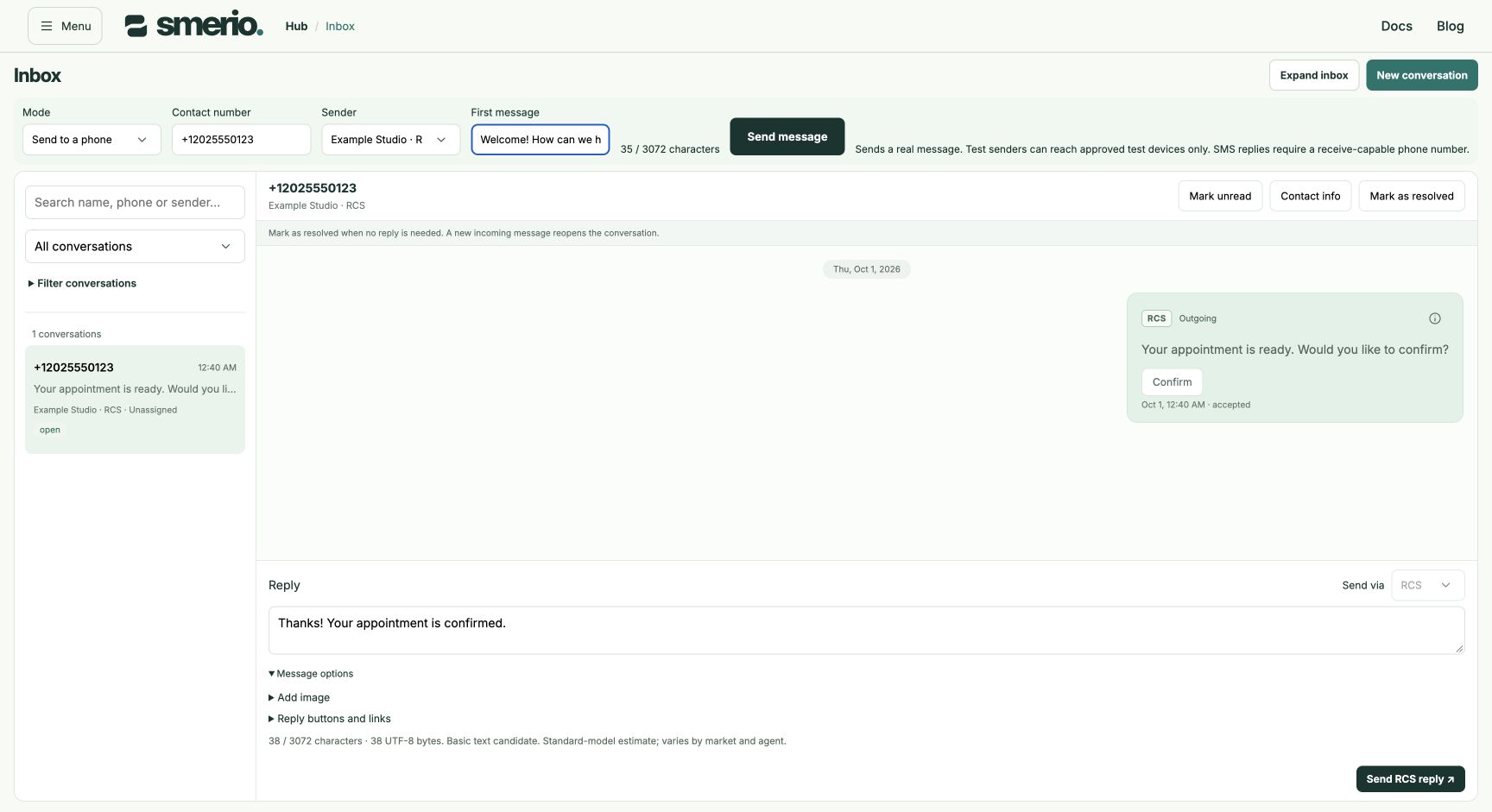 New conversation form with mode, sender, contact number and first message