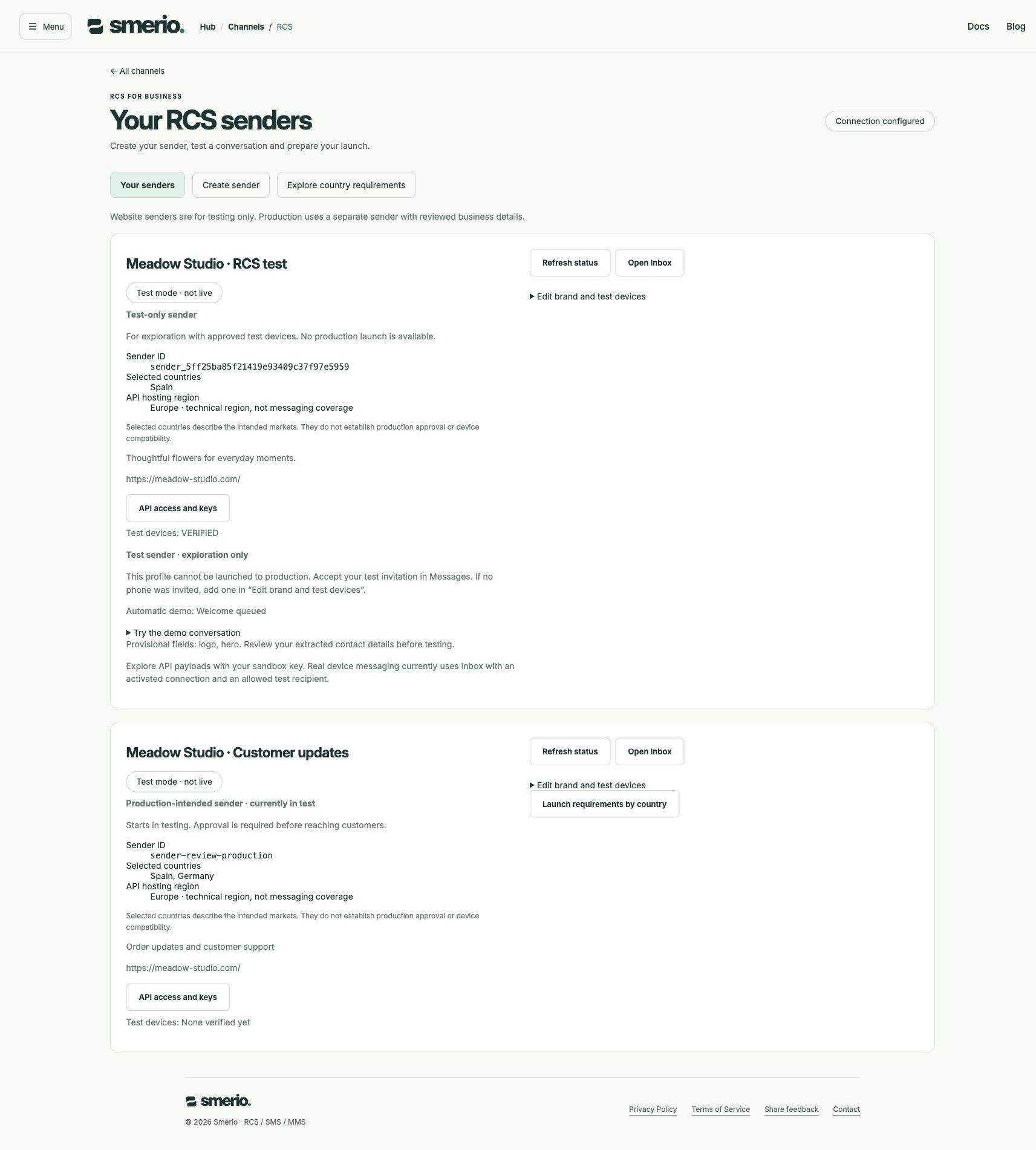 Test sender with an interactive demo