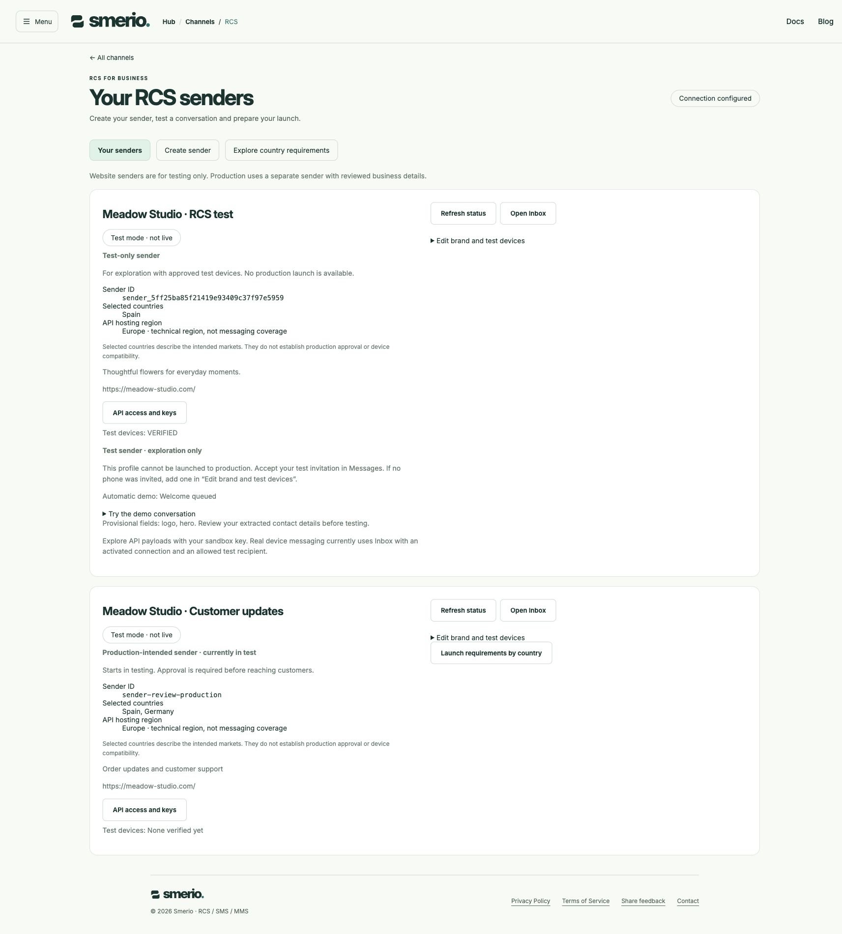 Test sender with an interactive demo
