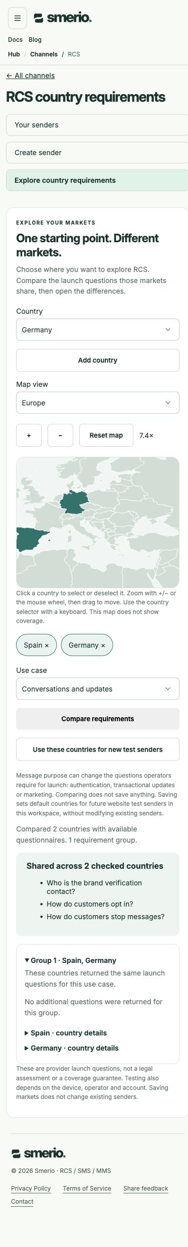 Selected markets, shared questions and country details on mobile