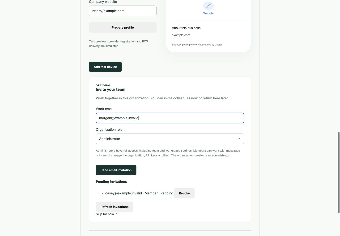 Invite your team form with a fictional email address, Member role and pending invitation