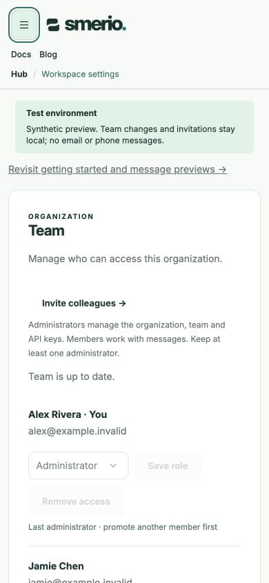 Mobile Team panel showing the last administrator protection and instruction to promote another member first