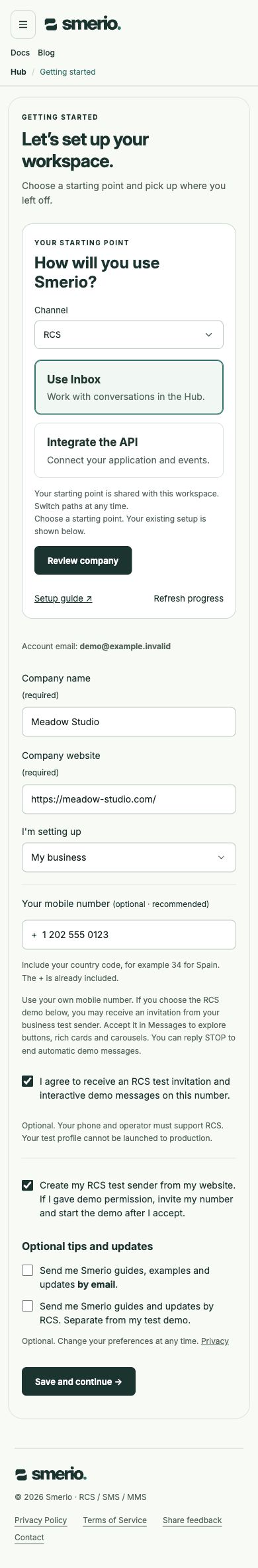 Optional test sender and RCS test consent on mobile