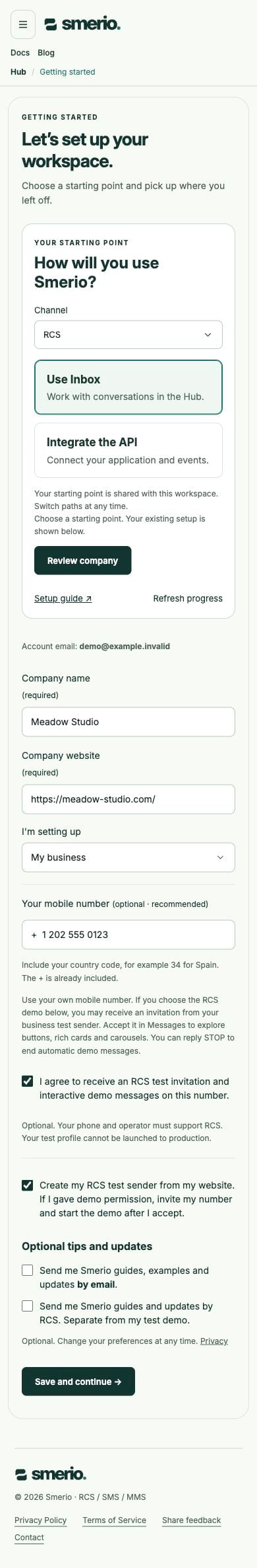 Optional test sender and RCS test consent on mobile