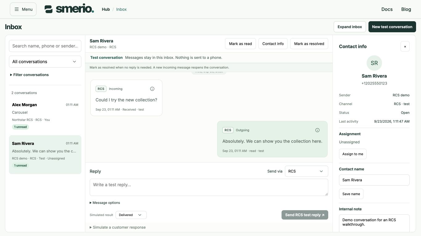 Compact Inbox with synthetic contacts and reply controls