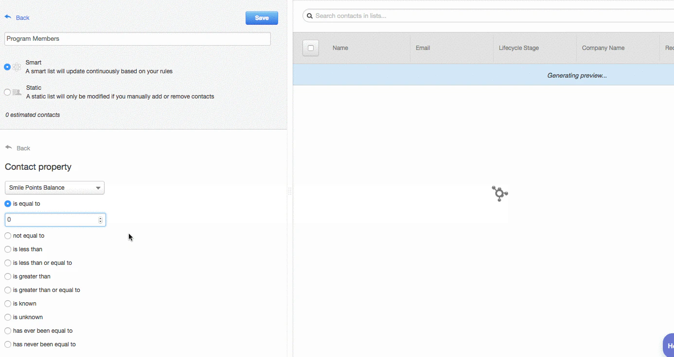 Creating a segmented list in HubSpot using the loyalty data synced from Smile