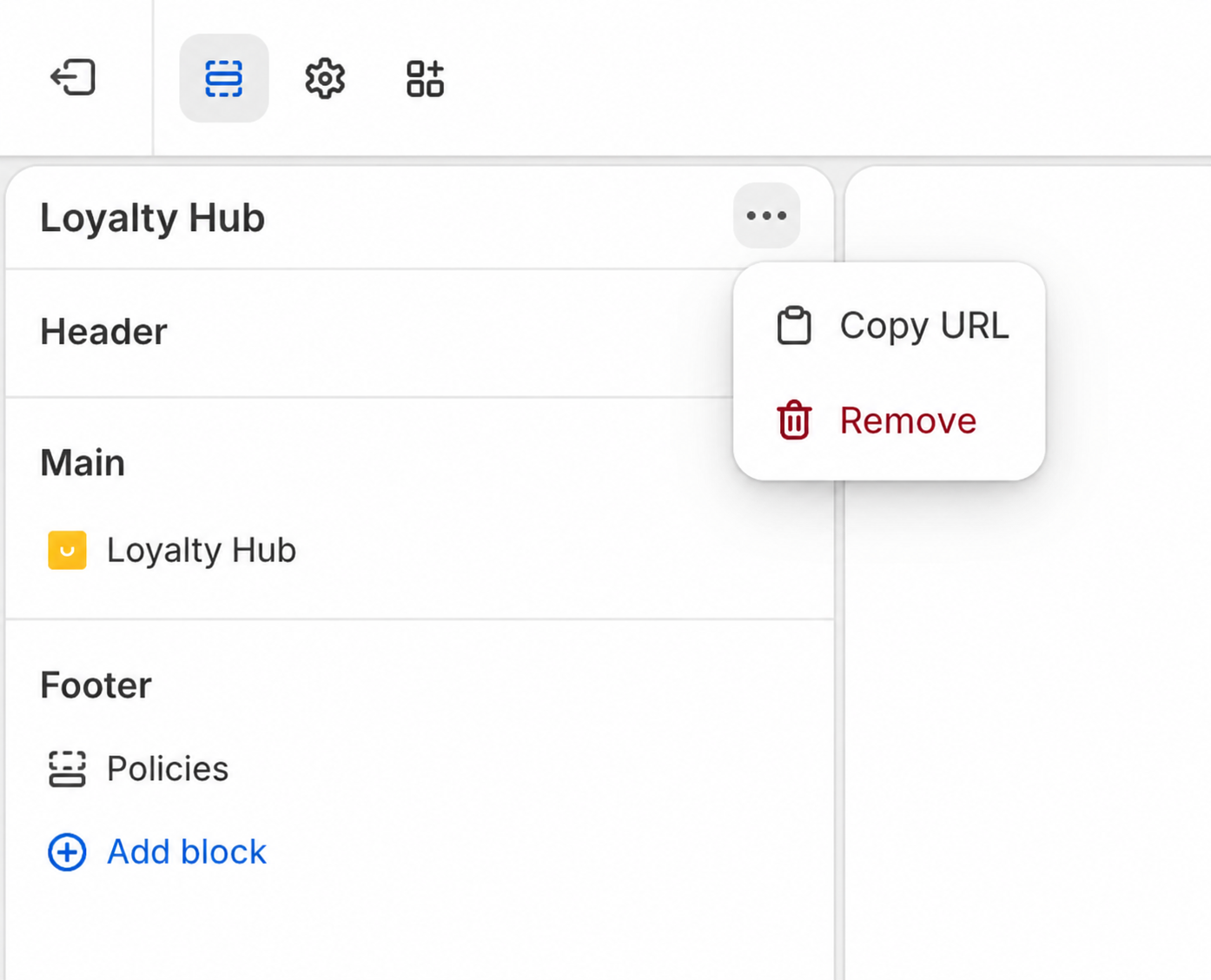 Loyalty Hub menu with the Copy URL option selected.