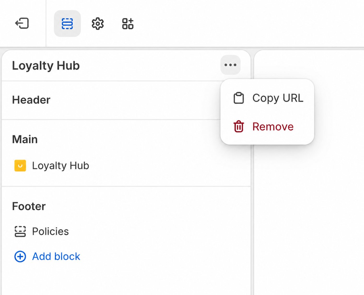 Loyalty Hub URL Loyalty Hub menu with the Copy URL option selected.