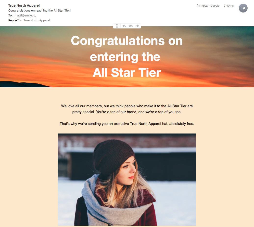 image of an email congratulating on tier entry, photo of a person wearing a toque