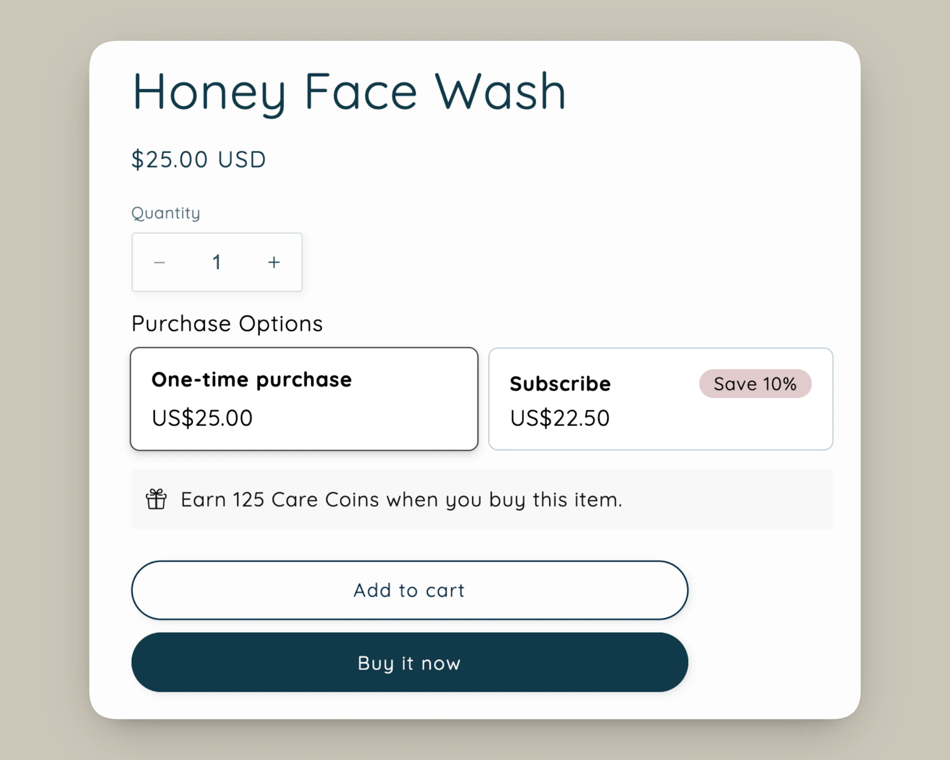 Product price and purchase section on a Shopify product page showing a message that tells customers how many points they will earn from the purchase.