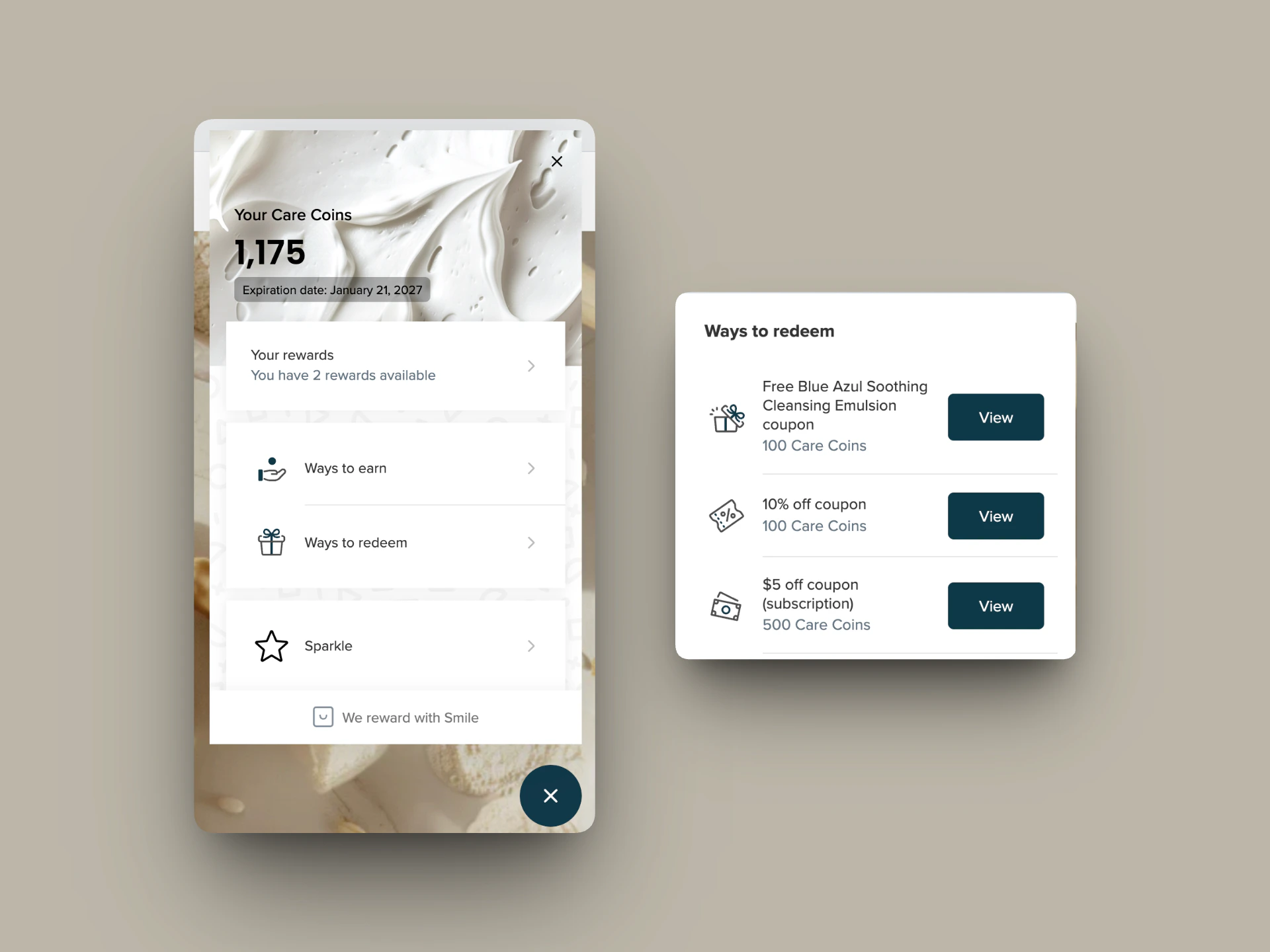 Rewards panel displaying 1,175 Care Coins with a "Ways to redeem" list, including reward options such as a free product for 100 Care Coins, 10% off discount code for 100 Care Coins, and $5 off subscription code for 500 Care Coins, each with a View button.