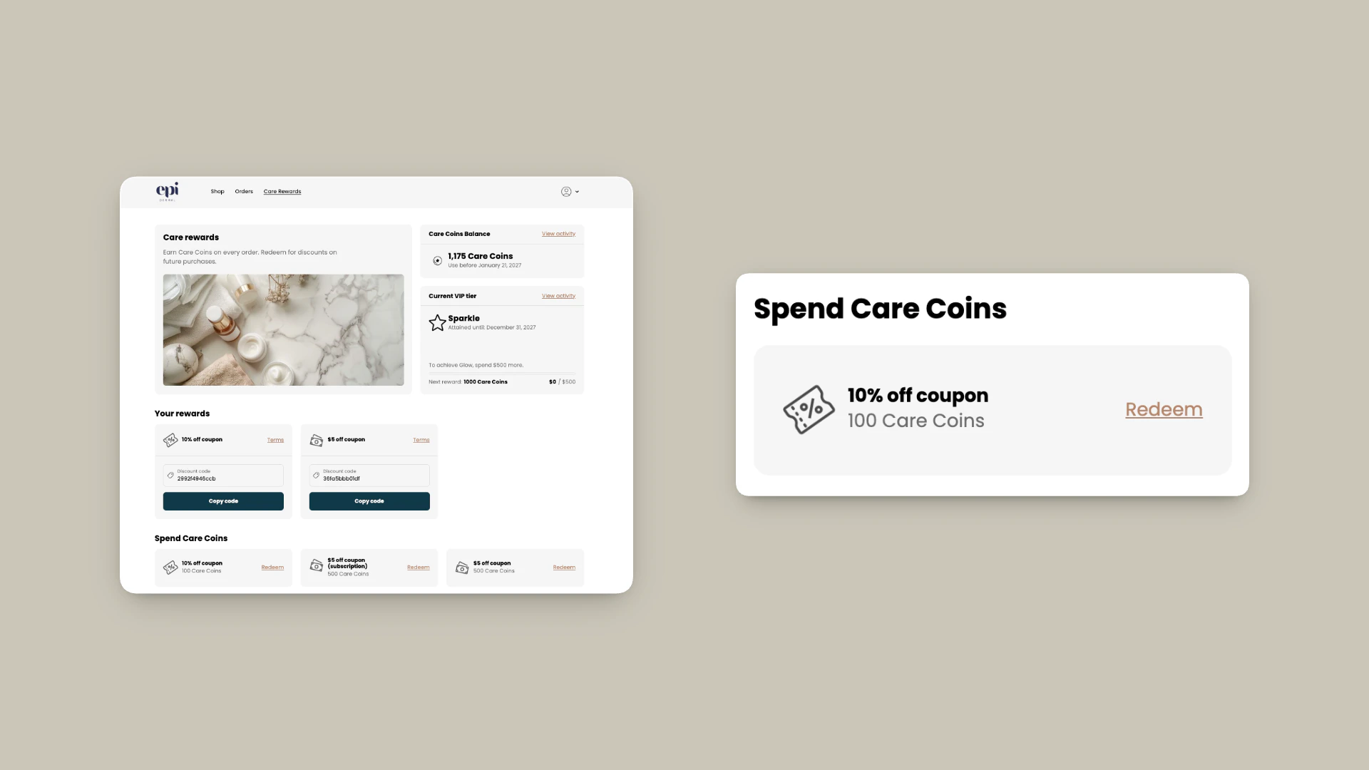 Care Rewards Loyalty Hub page showing a "Spend Care Coins" section with a 10% off reward for 100 Care Coins and a Redeem link.