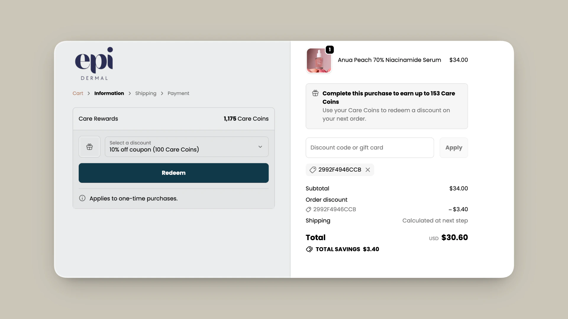 Care Rewards section at checkout showing 1,175 Care Coins available, a dropdown to select "10% off discount code (100 Care Coins)," and a Redeem button. Order summary on the right displays the applied discount and updated total.