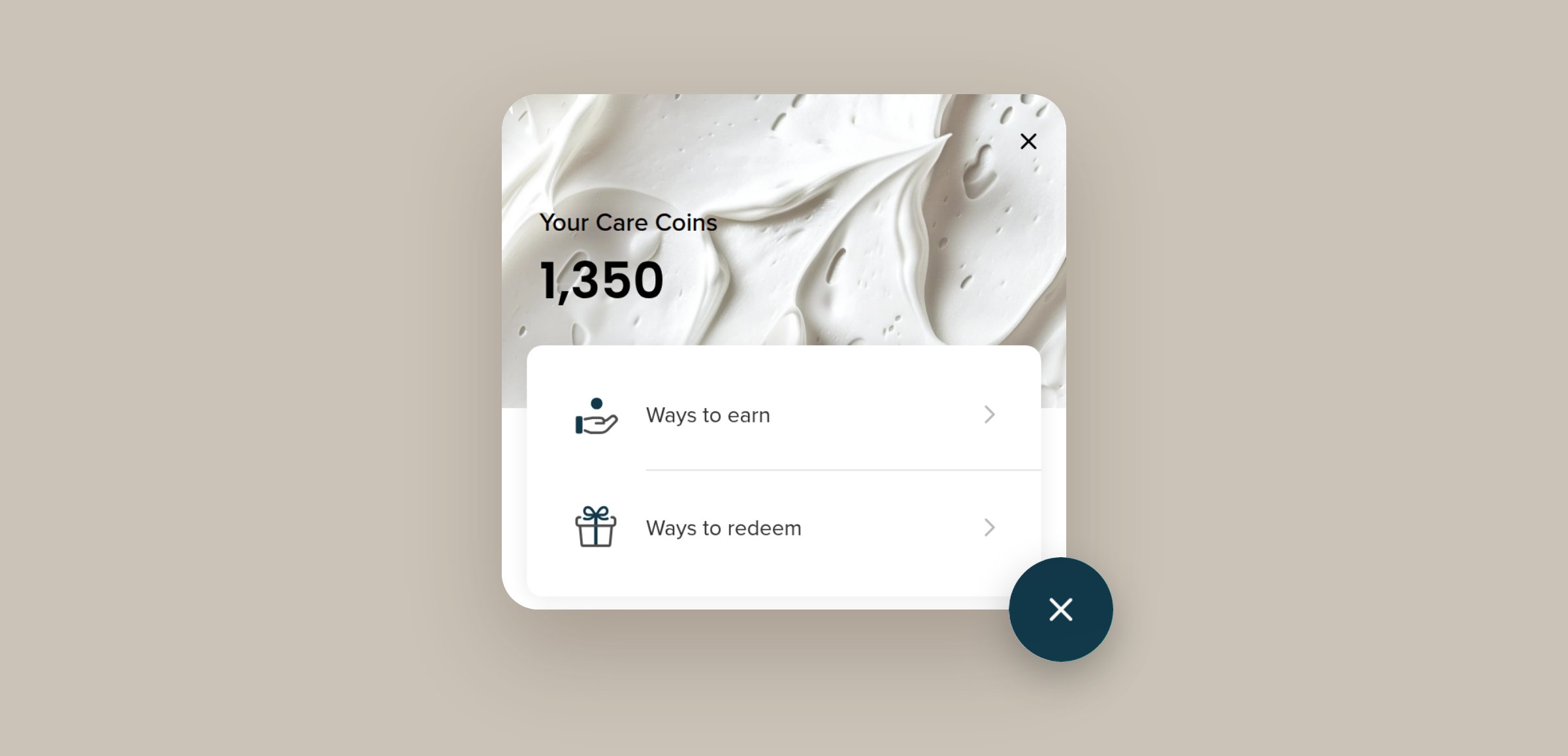 Smile panel open on the storefront showing "Your Care Coins 1,350" at the top, with Ways to earn and Ways to redeem below.