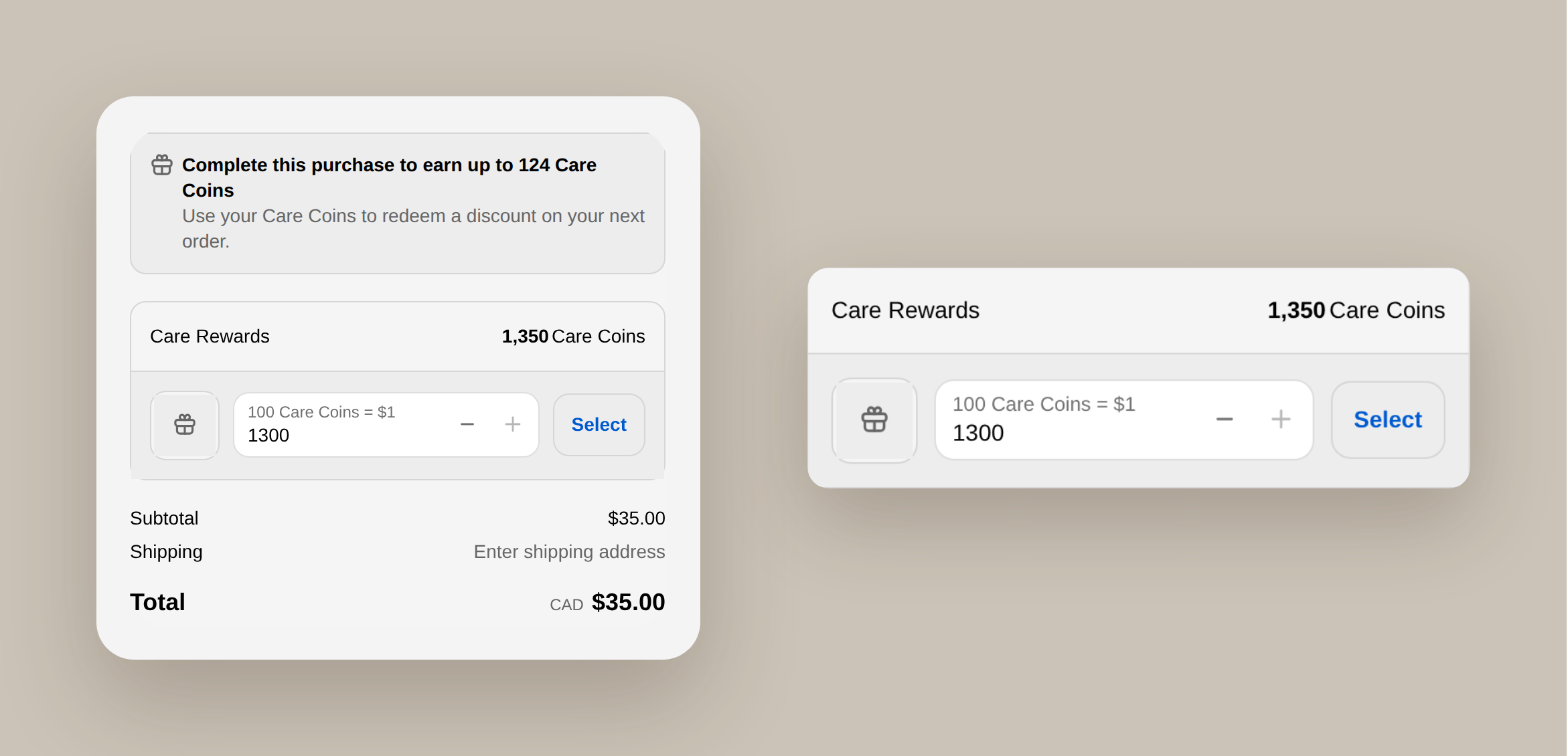 Checkout order summary showing "Complete this purchase to earn up to 124 Care Coins" and a Care Rewards section with a 1,350 Care Coins balance, a points stepper, and a Select button. A zoomed view highlights the Care Rewards redemption section.
