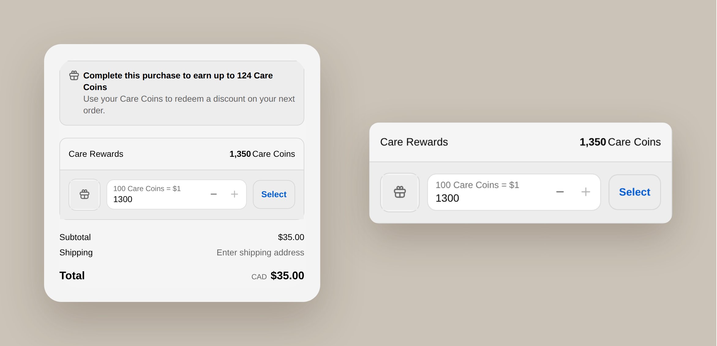 Checkout order summary showing "Complete this purchase to earn up to 124 Care Coins" and a Care Rewards section with a 1,350 Care Coins balance, a points stepper, and a Select button. A zoomed view highlights the Care Rewards redemption section.