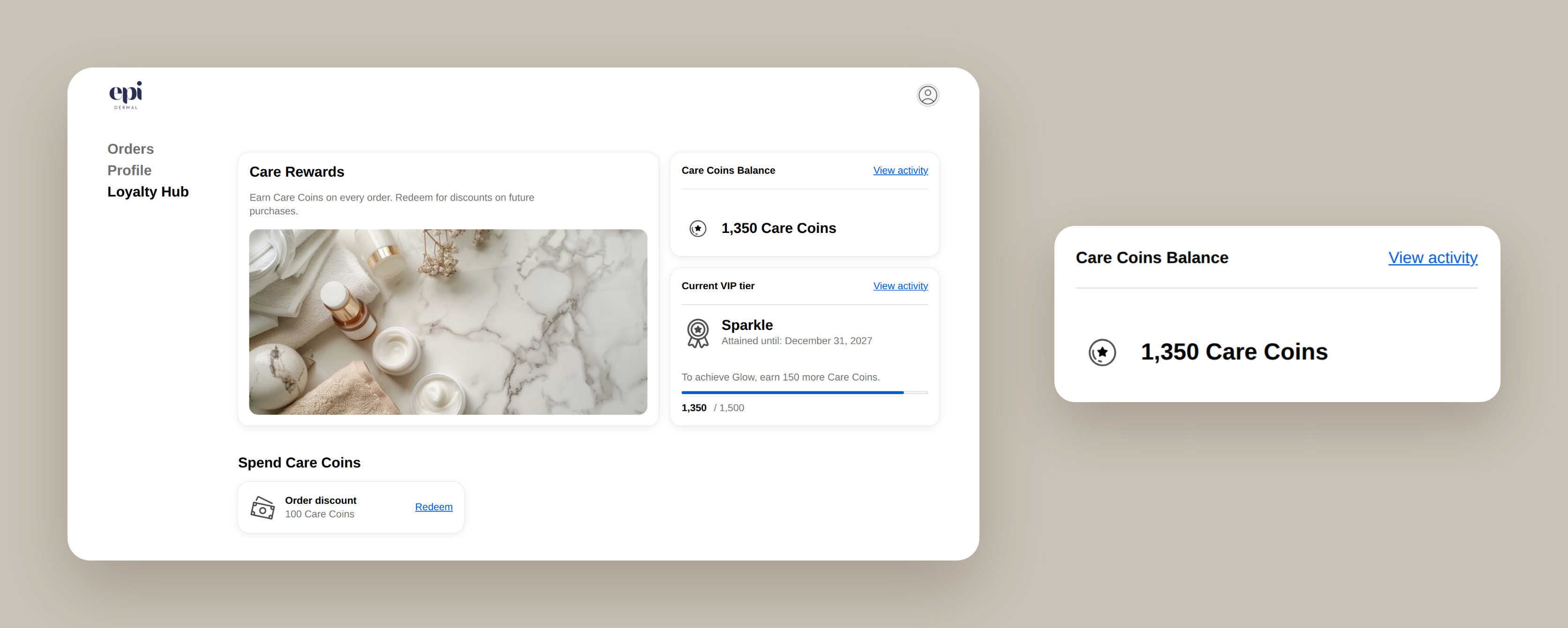 Loyalty Hub page in the customer account showing the Care Rewards program, a Care Coins Balance card with 1,350 Care Coins, the current VIP tier, and rewards customers can spend Care Coins on. A zoomed view highlights the Care Coins Balance card.