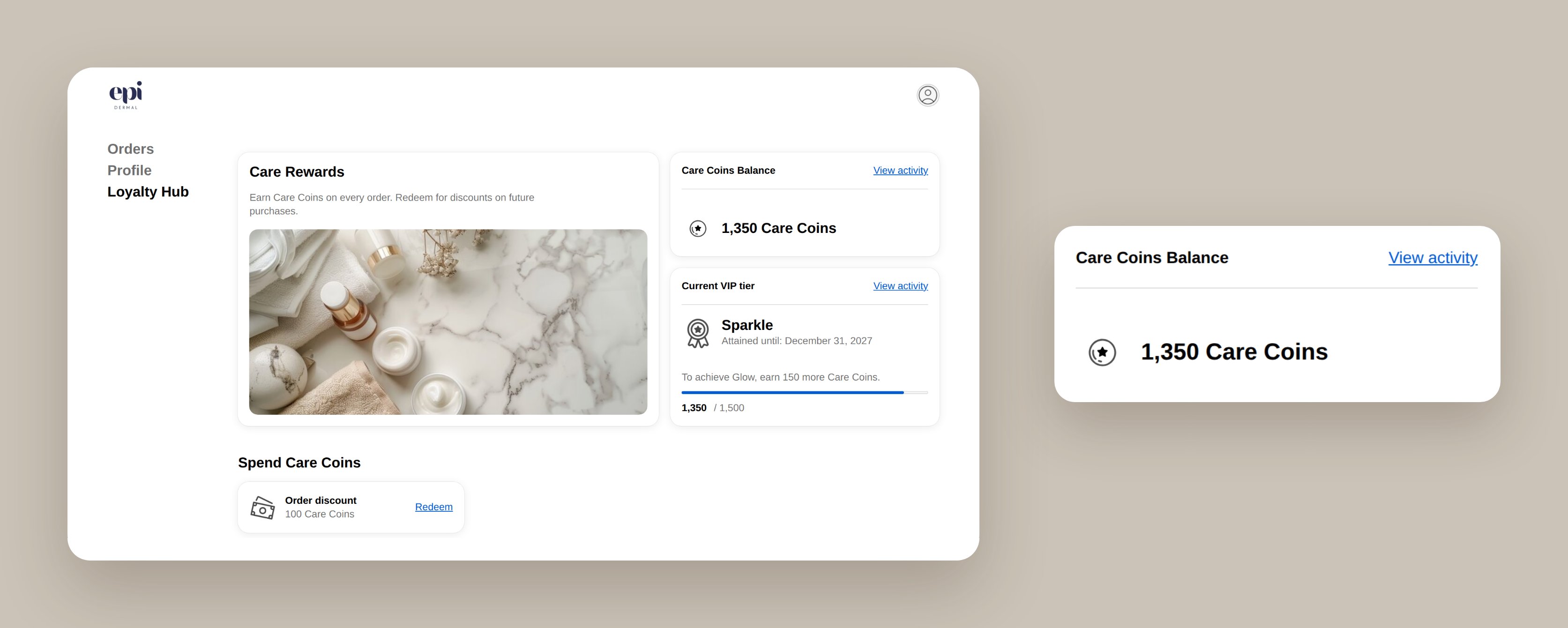 Loyalty Hub page in the customer account showing the Care Rewards program, a Care Coins Balance card with 1,350 Care Coins, the current VIP tier, and rewards customers can spend Care Coins on. A zoomed view highlights the Care Coins Balance card.