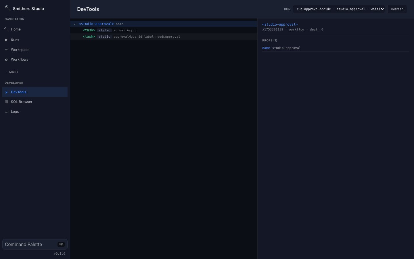 Studio 2 DevTools surface showing the raw run snapshot tree and node inspector