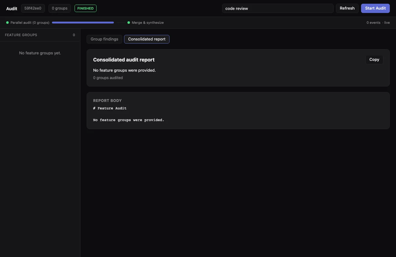 Smithers workflow UI showing audit fanning out across feature groups and merging a report