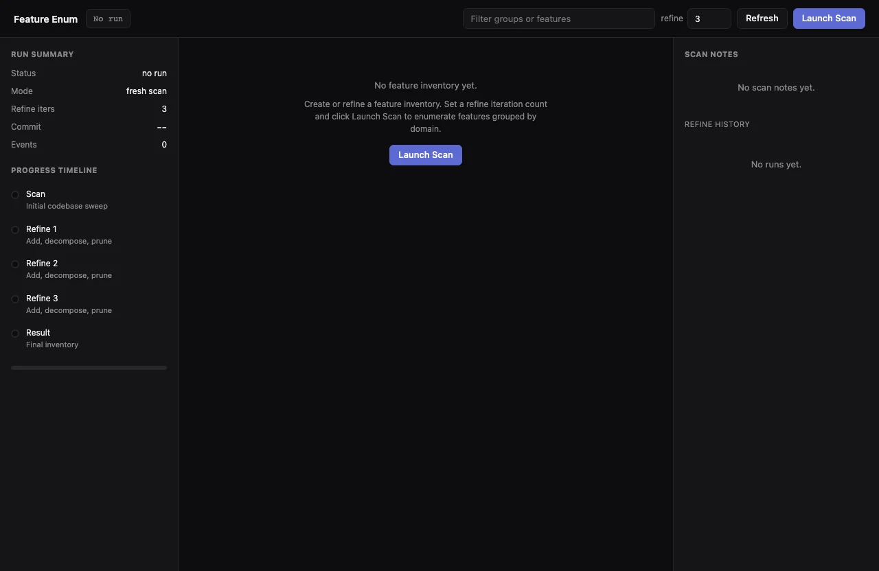Smithers workflow UI showing feature-enum producing grouped feature names from a repo scan