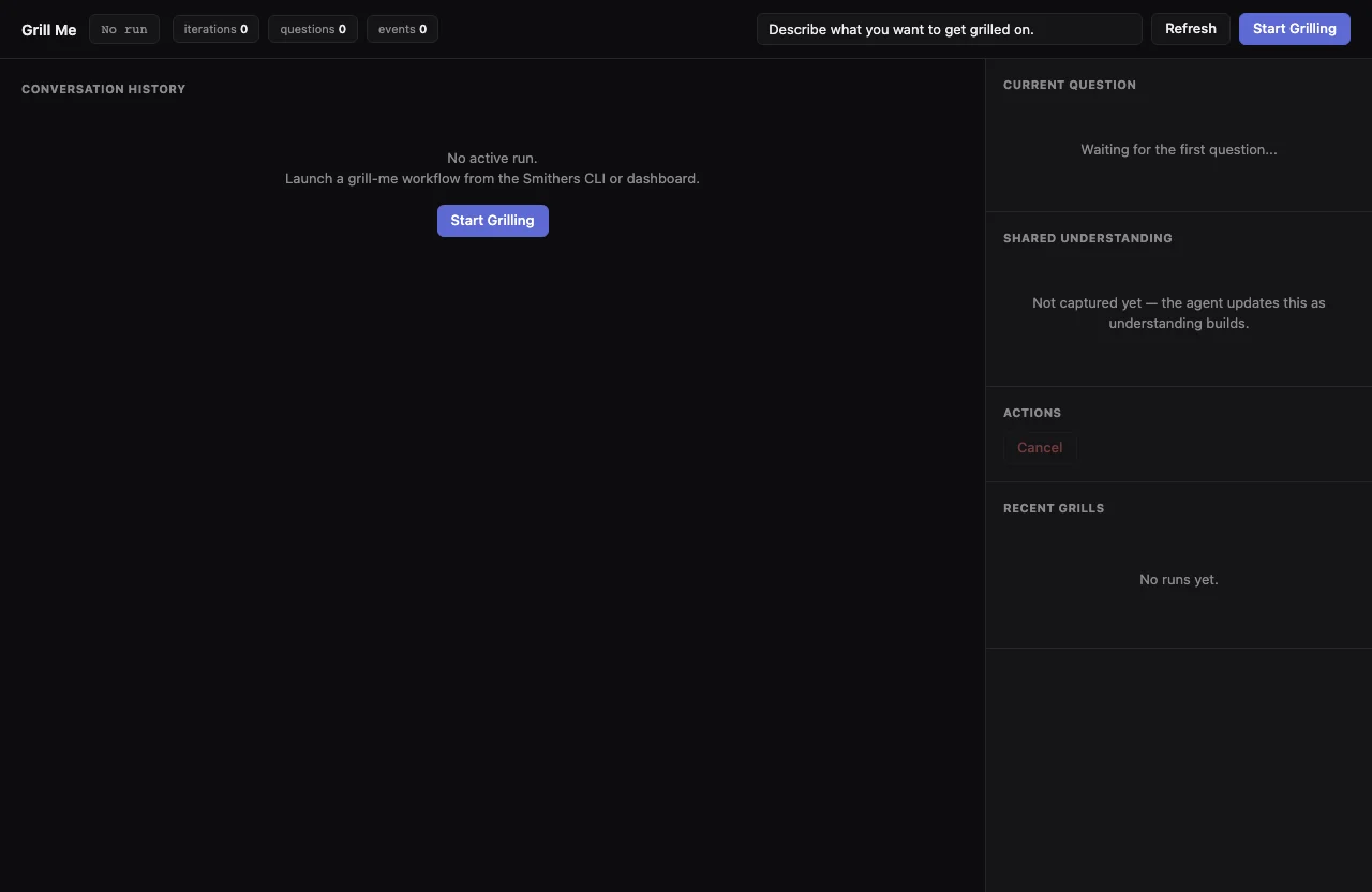 Smithers workflow UI showing grill-me running an iterative question-and-answer interview loop