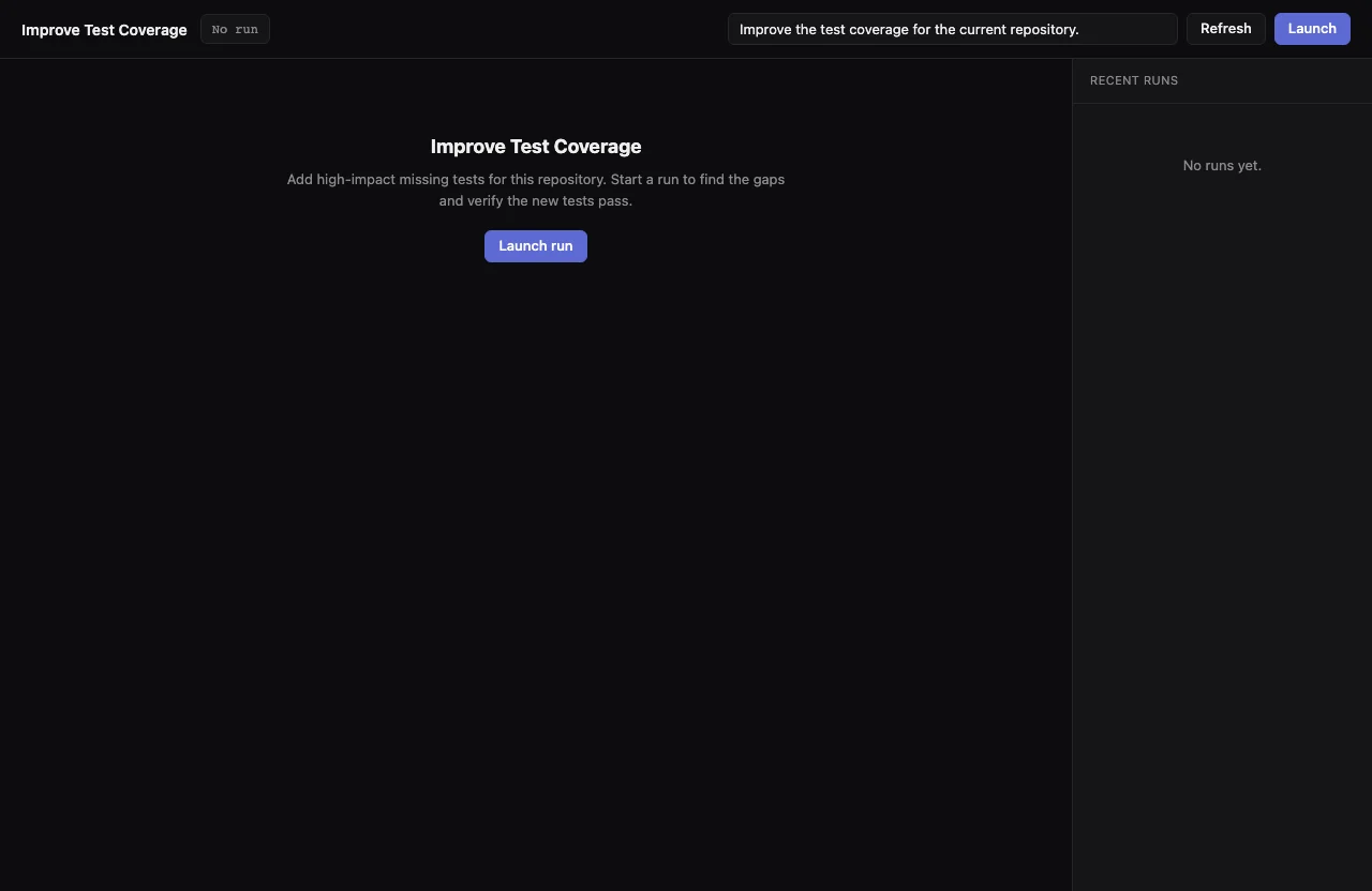 Smithers workflow UI showing improve-test-coverage adding and validating tests