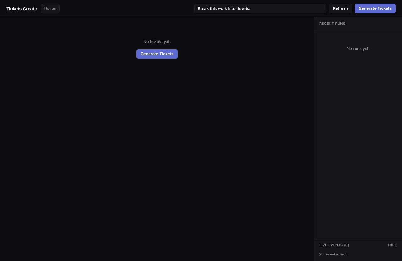 Smithers workflow UI showing a request decomposed into multiple structured tickets